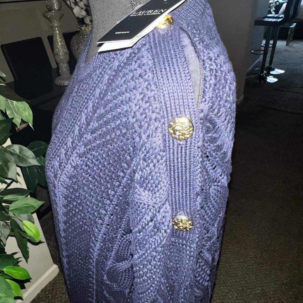 LAUREN RALPH LAUREN NAVY BLUE SWEATER W/GOLD SIDE BUTTONS - Picture 2 of 6